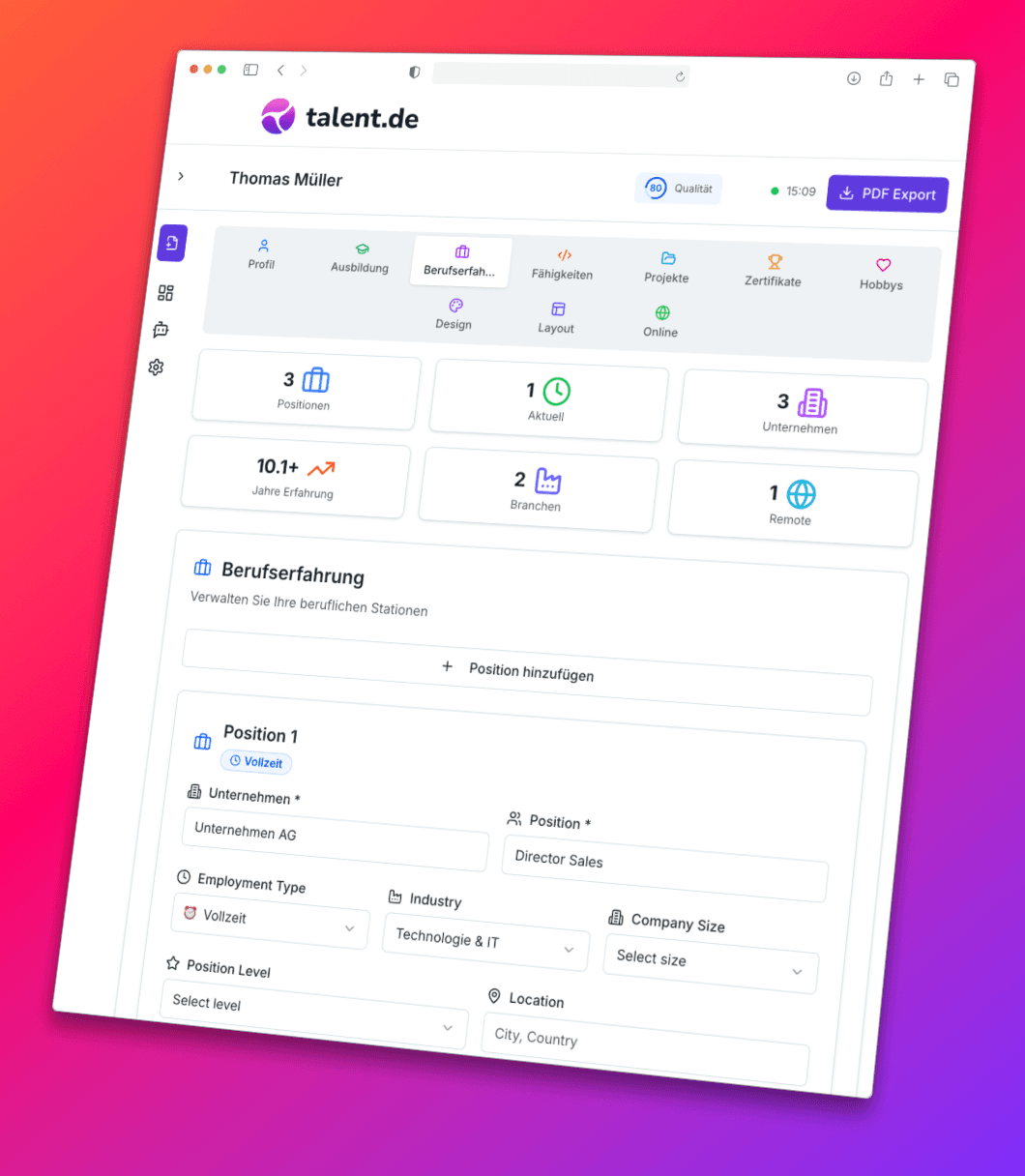 Der CV‑Editor unterstützt Dich auch beim Füllen der Berufserfahrung, auf Wunsch mit AI/KI