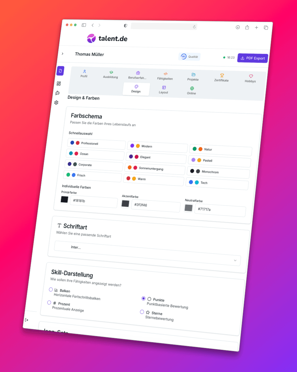 Der CV‑Editor bietet Dir umfangreiche Designs, Farben, Layouts, ja sogar Iconsets