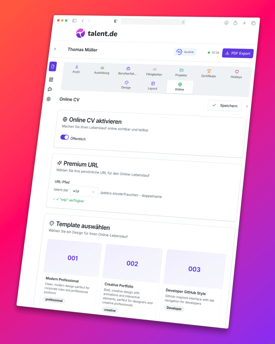 Online‑Lebenslauf mit eigener URL – mit einem Klick aktivieren und teilen